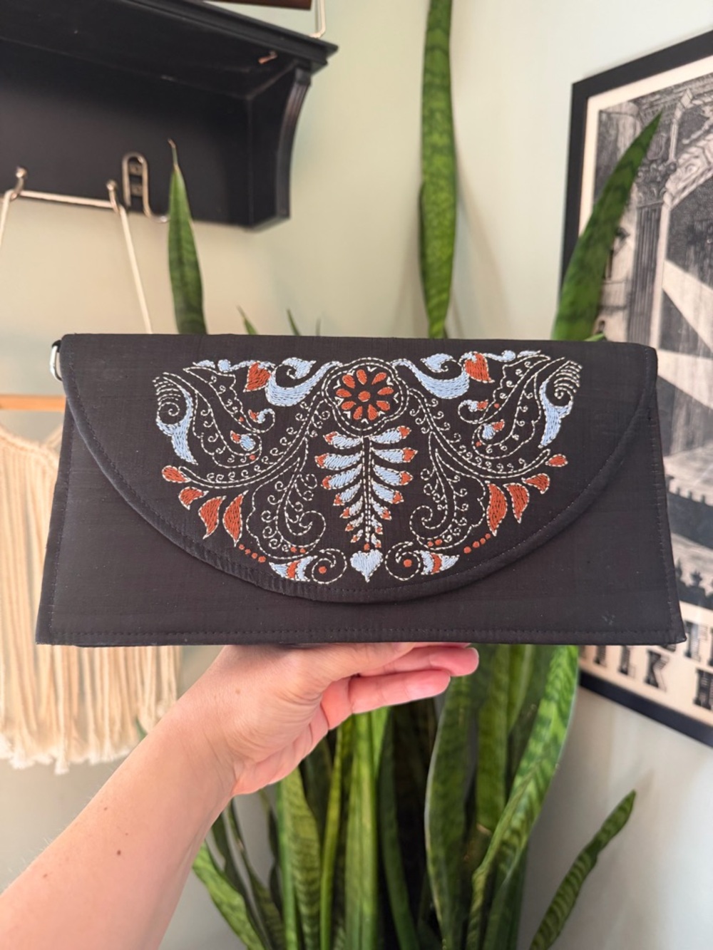 Black Silk Embroidered Kantha Stitch Clutch Purse